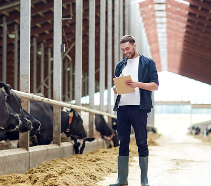 farmer with clipboard and cows in cowshed